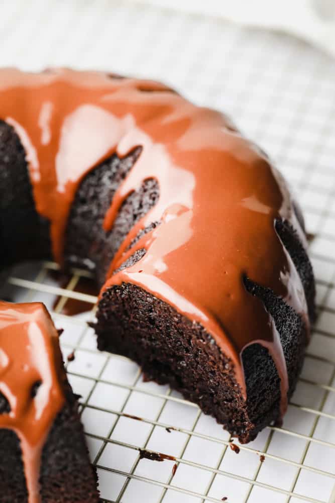 cut into circle bundt cake showing rich inside