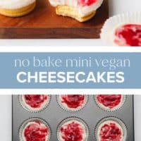 pinterest collage with text overlay reading no bake mini vegan cheesecakes