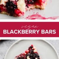 collage showing blackberry pie bars with text in middle reading vegan blackberry bars