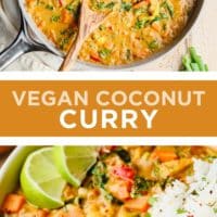 Pinterest image of vegan coconut curry in a large pot.