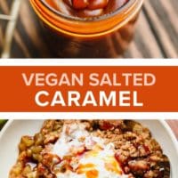 two photos one of caramel in jar drizzling and another on the bottom of crisp with ice cream and caramel with text in middle reading 'vegan salted caramel'.