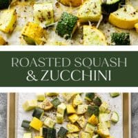 two images with text in middle reading roasted squash and zucchini.