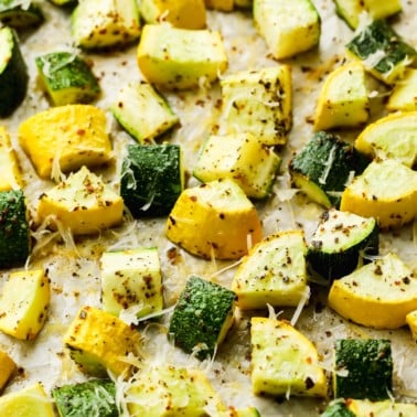 summer squash and zucchini in chunks, cooked on tan paper.