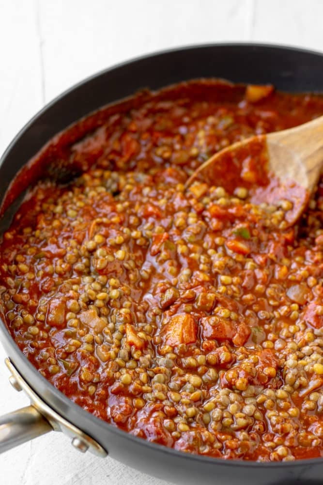 pan full of lentils and tomato sauce with white background