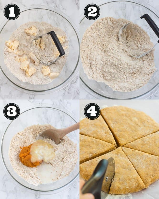 collage showing how to make vegan pumpkin scones dough.