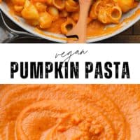 pinterest image of pumpkin pasta sauce in a skillet.