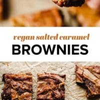 two images of salted caramel brownies with text in the middle reading 'vegan salted caramel brownies'.