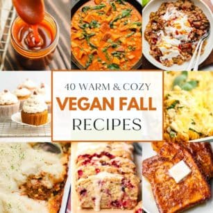 square collage of fall recipes with label and text reading '40 warm and cozy vegan fall recipes'.