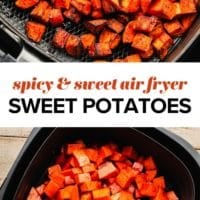 two photos of air fryer sweet potatoes in air fryer, the bottom they aren't cooked and the top they are blackened a bit.