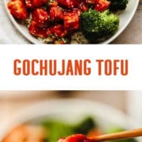 pinterest image of Gochujang Tofu in a white bowl with rice, broccoli, and kimchi.