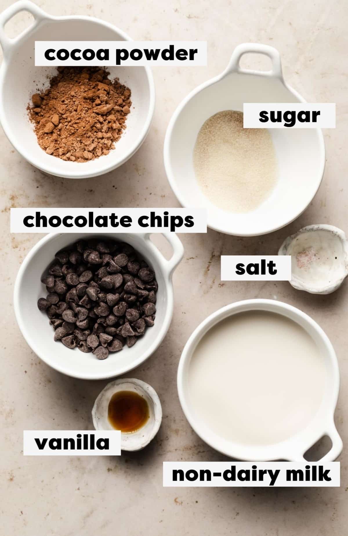 ingredients for making vegan hot chocolate with labels for ingredients.