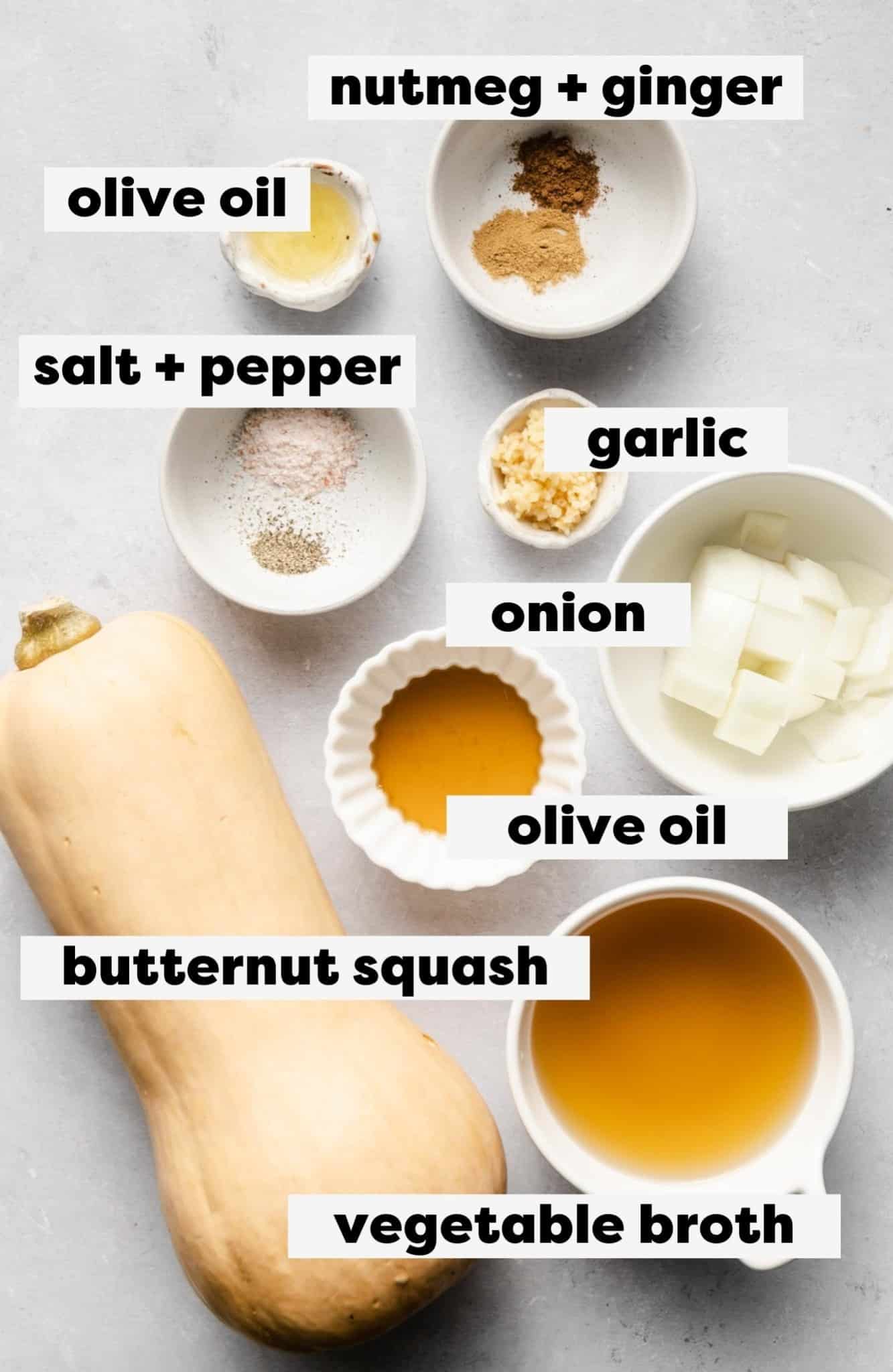 ingredients for butternut squash soup in individual white bowls.