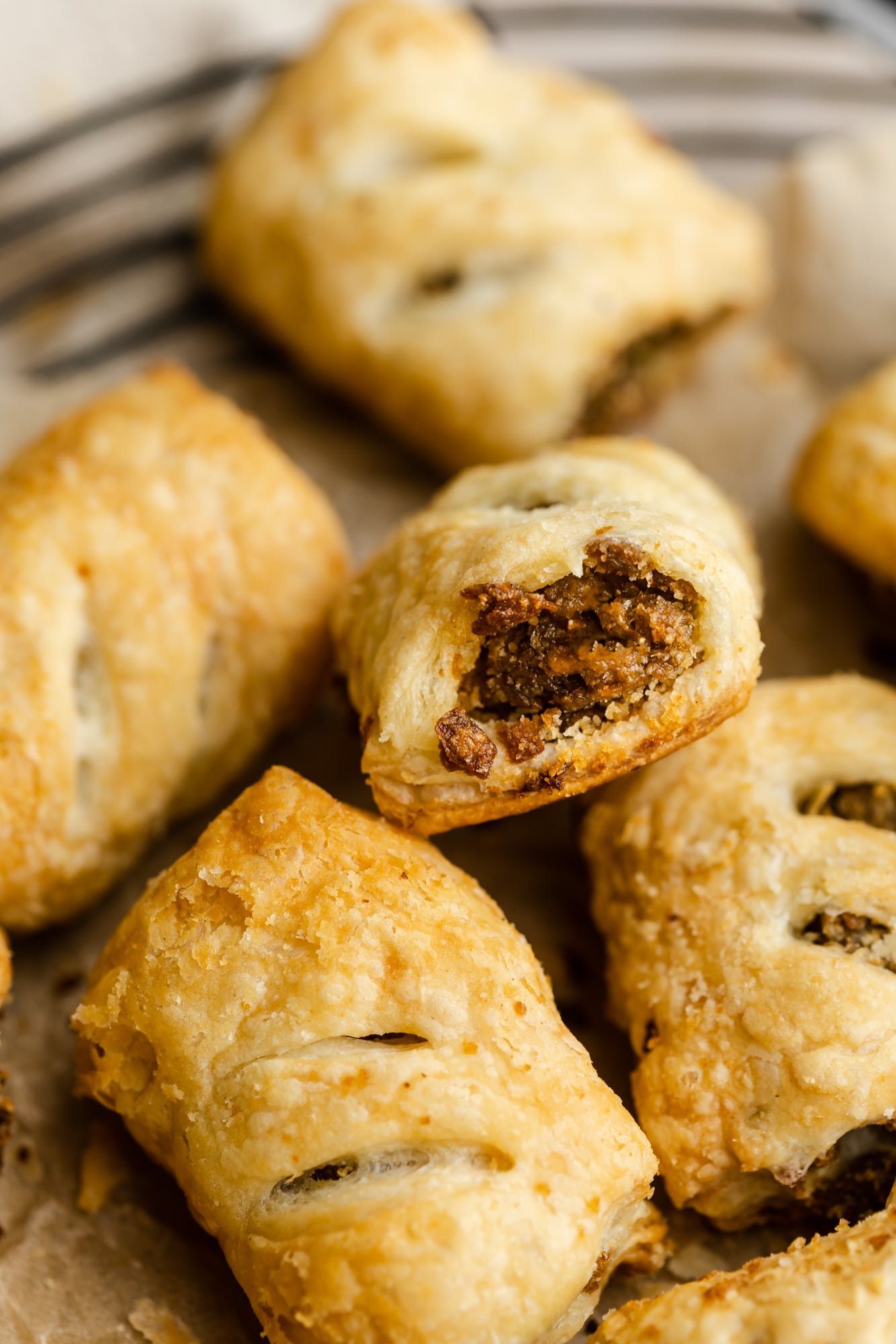 close up on a baked vegan sausage rolls.