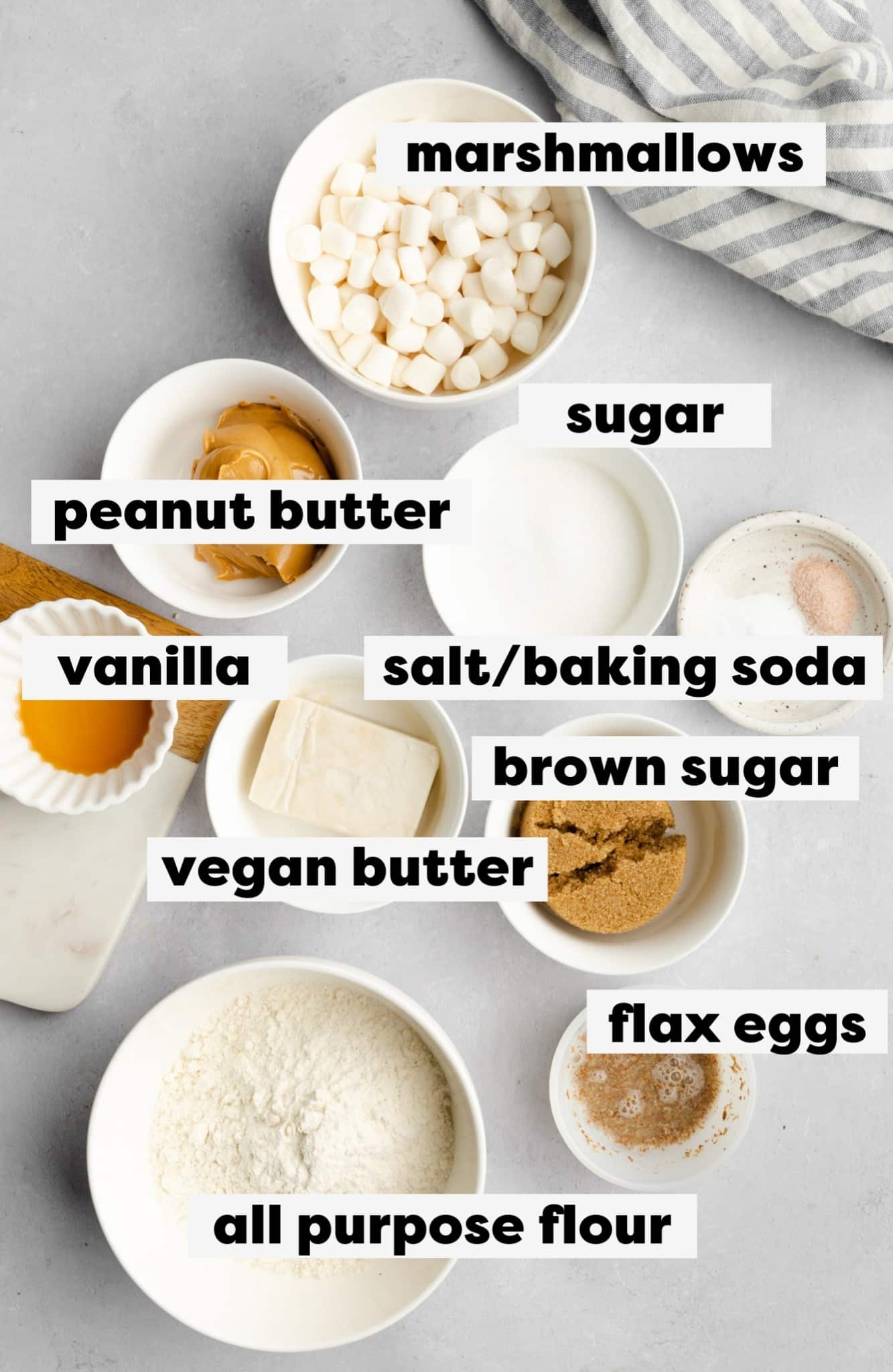 ingredients for vegan fluffernutter cookies with labels.