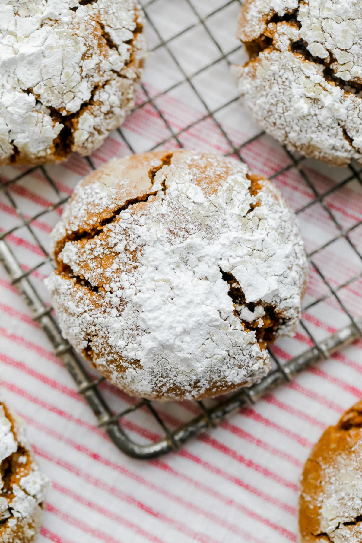 red and white towel in background of cookies with powdered sugar and crinkles.