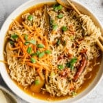 close up on a white bowl filled with vegan ramen.