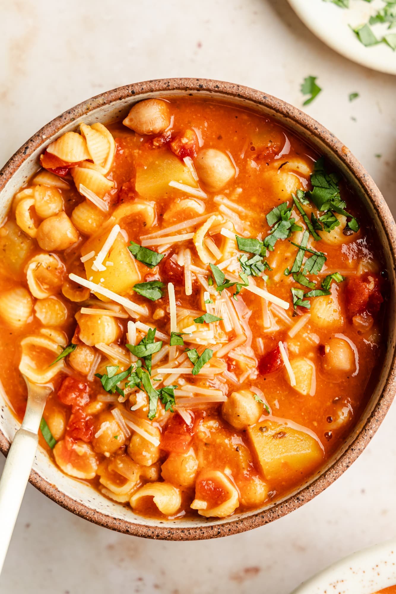 Italian chickpea soup topped with vegan parmesan and parsley in a bowl.