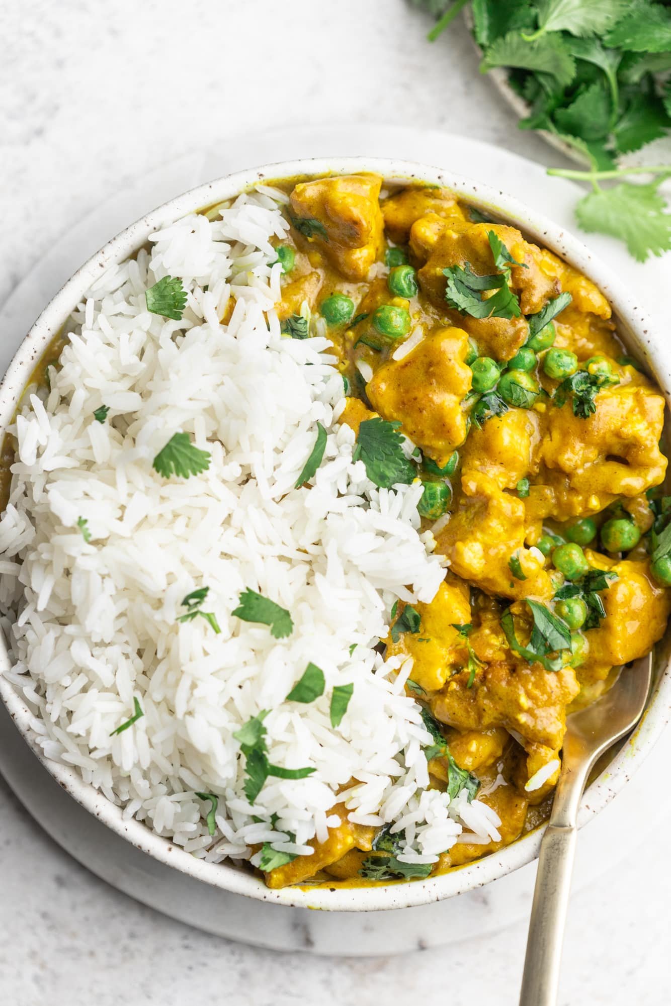 tofu curry and white rice in a white bowl.