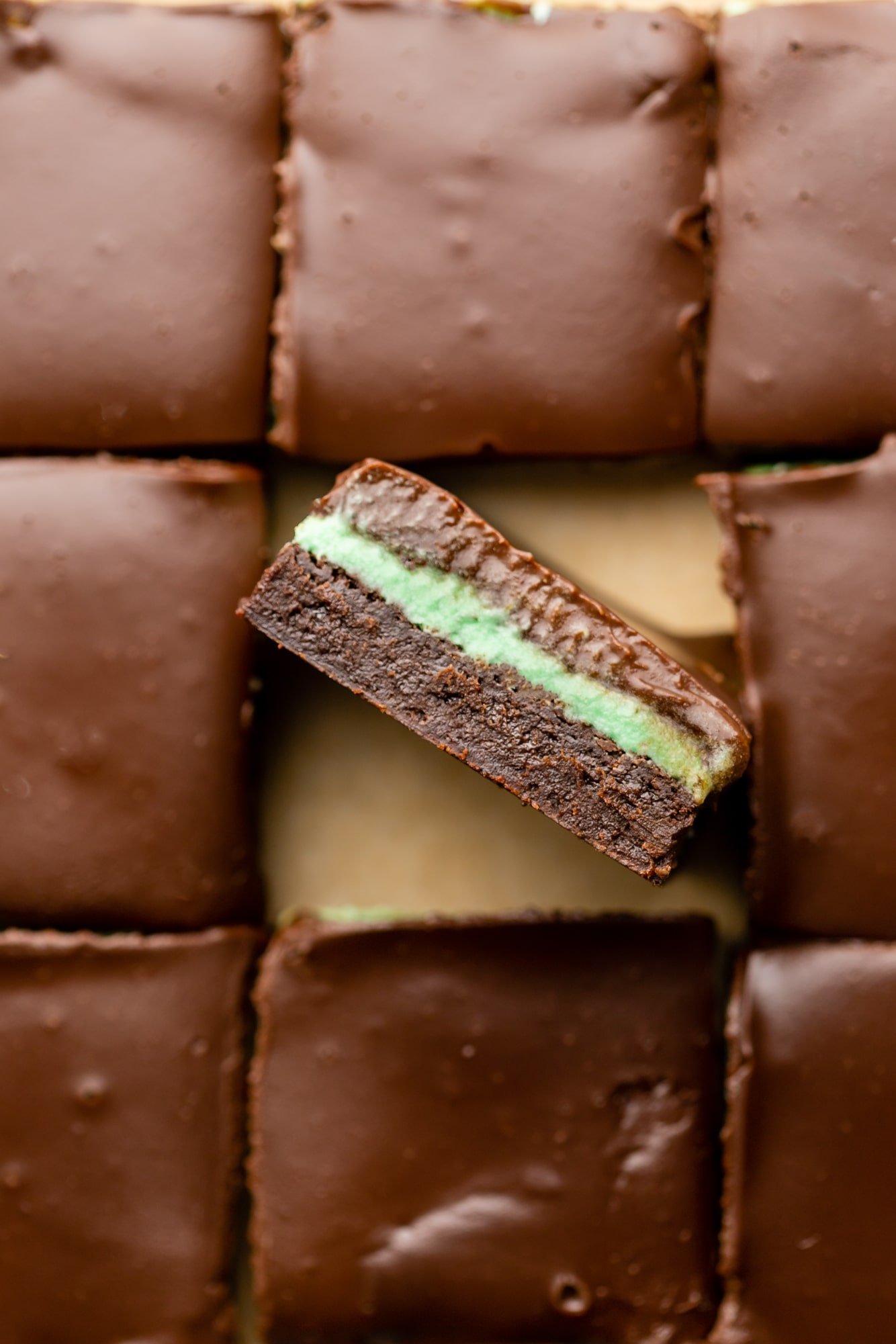 a sliced chocolate mint brownie turned on its side.