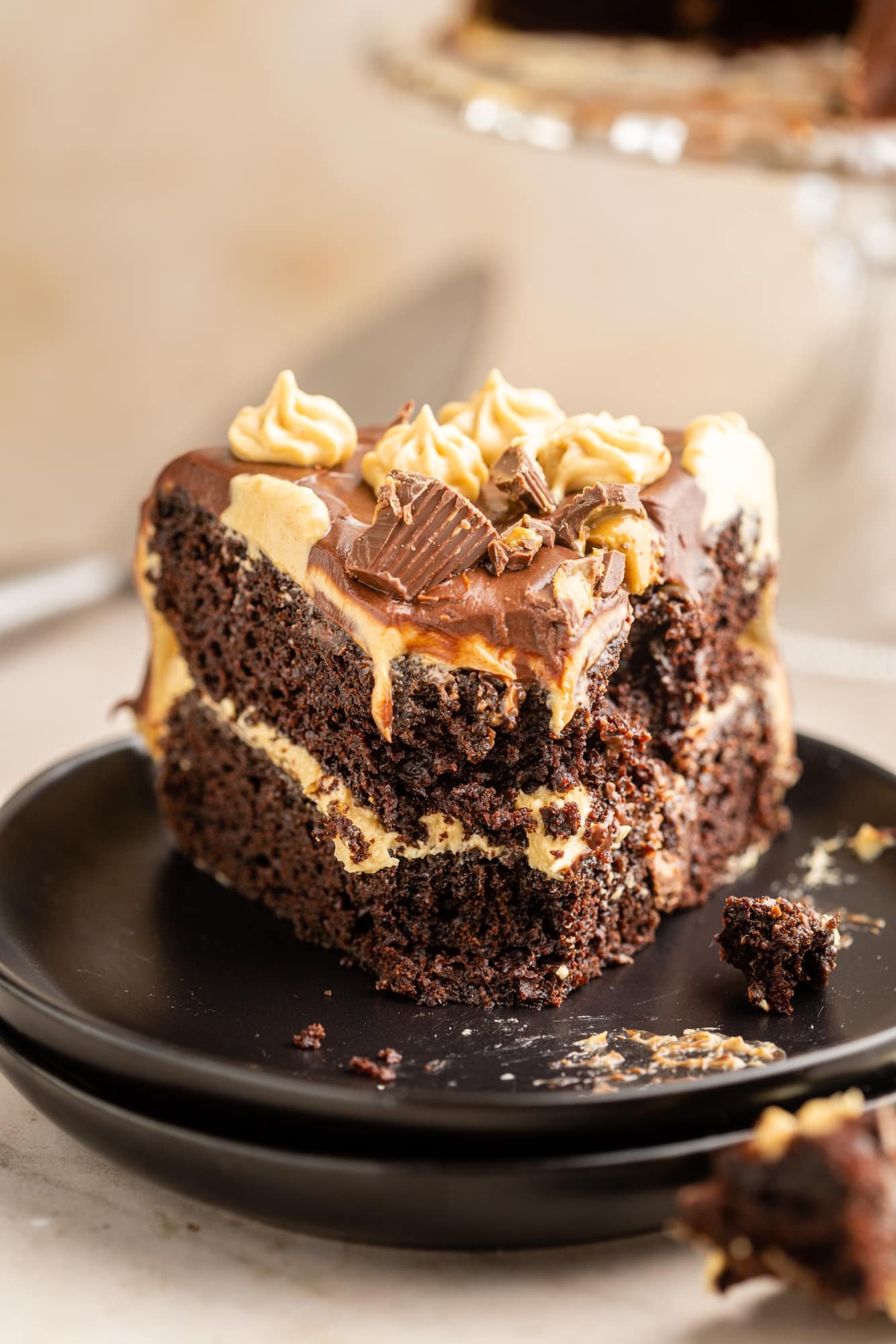 close up on a slice of chocolate peanut butter cake on a black plate.