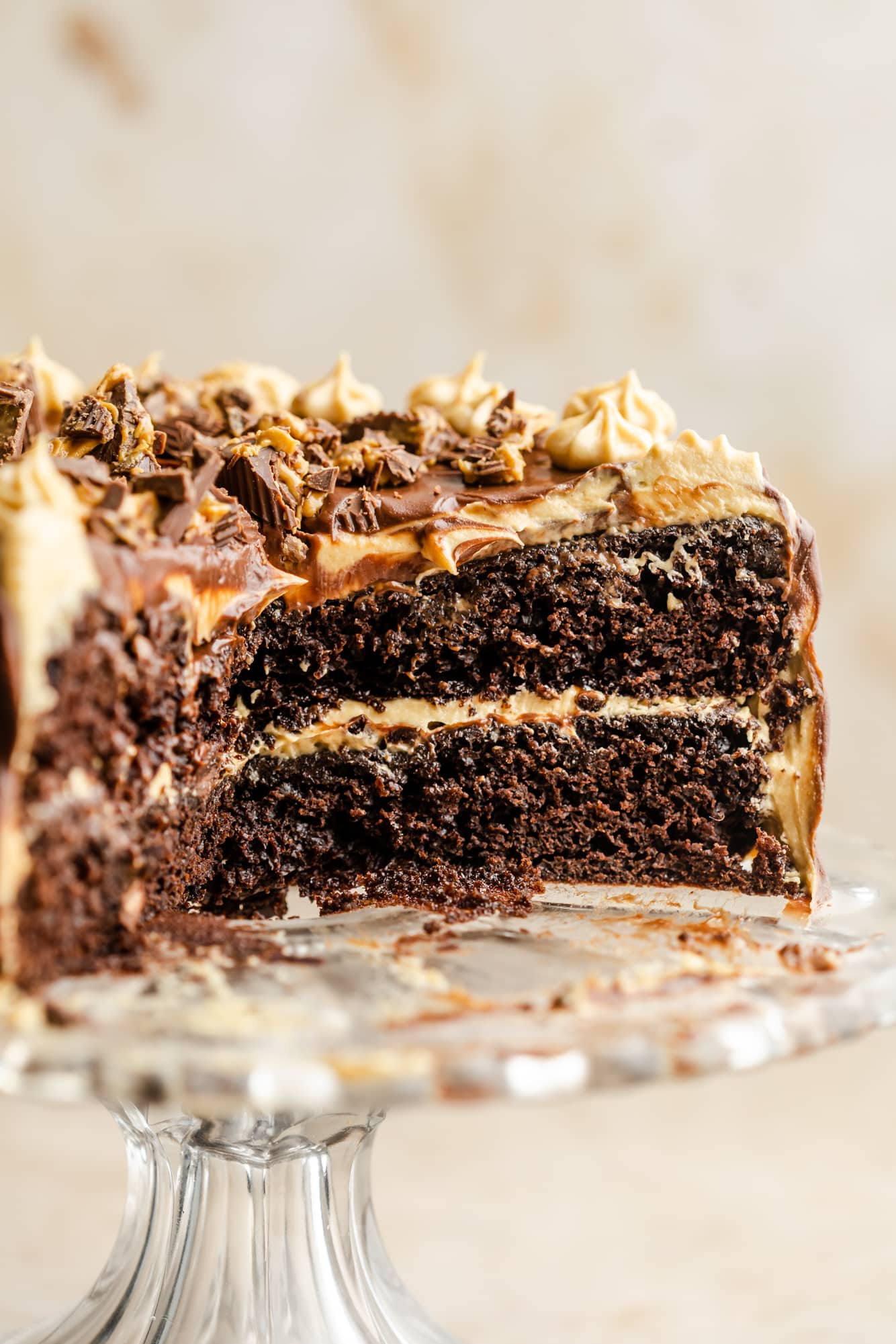 chocolate peanut butter cake with slices missing on a glass cake plate.