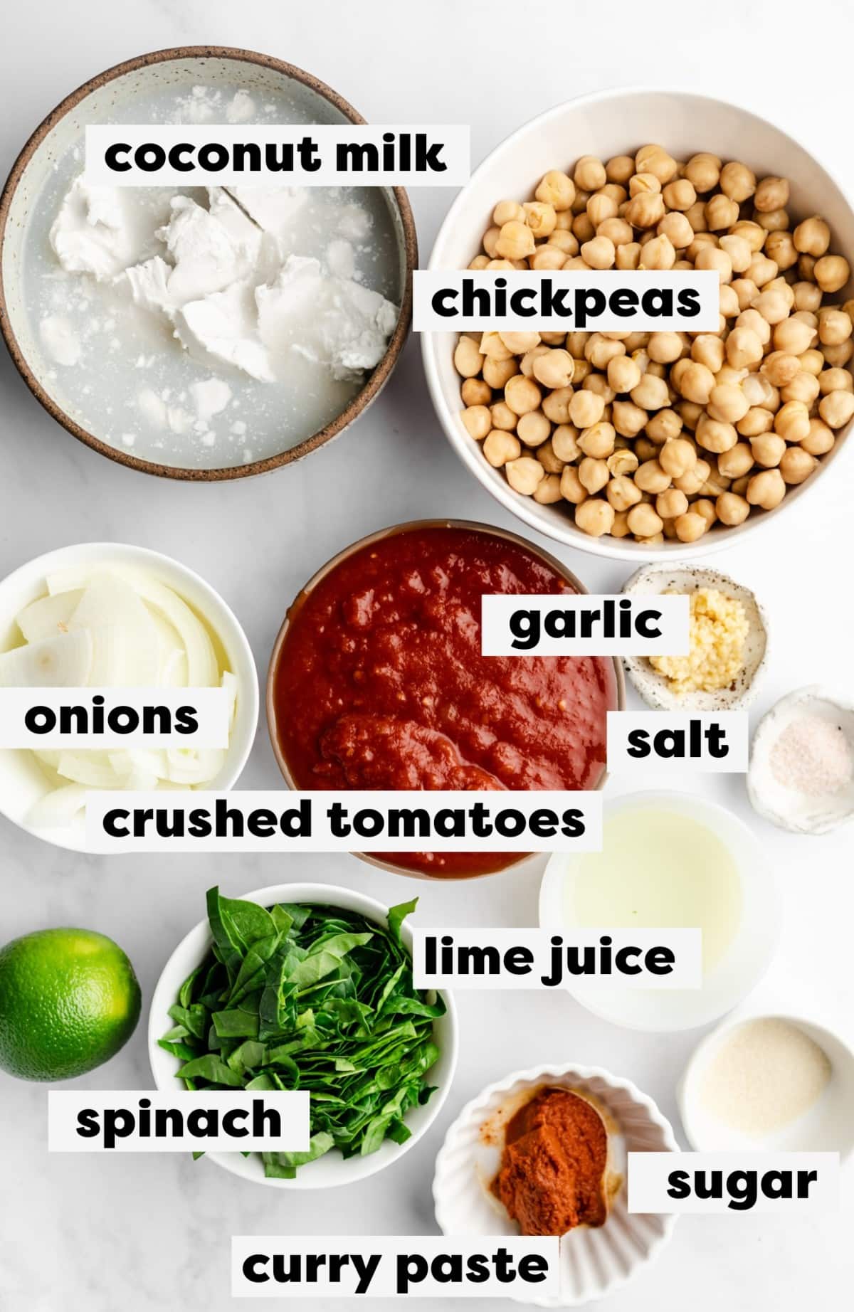 ingredients for chickpea curry labeled on white background
