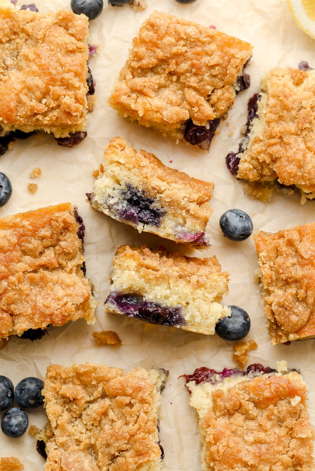 small slices of blueberry coffee cake turned on their sides.