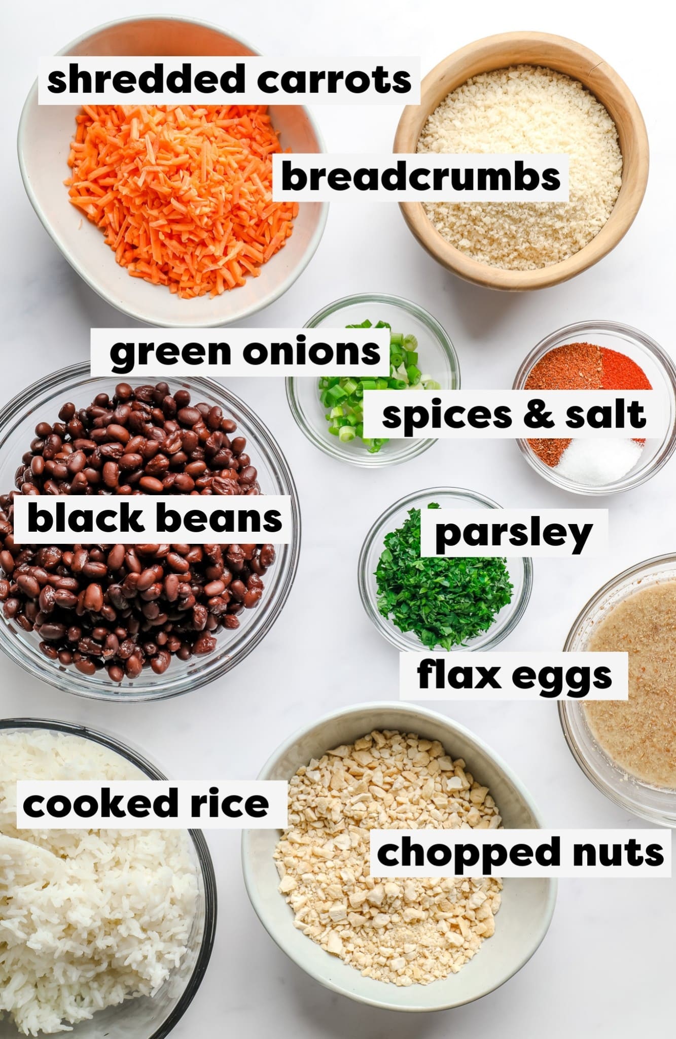 Best veggie burger ingredients with labels on individual bowls.