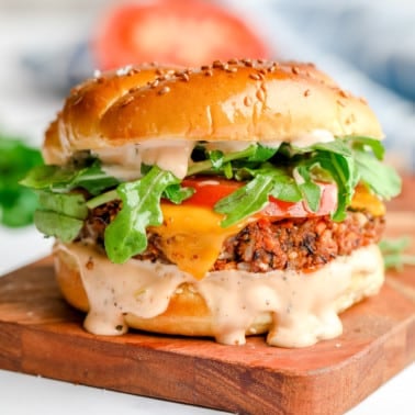 close up on the best vegan veggie burger on a bun.