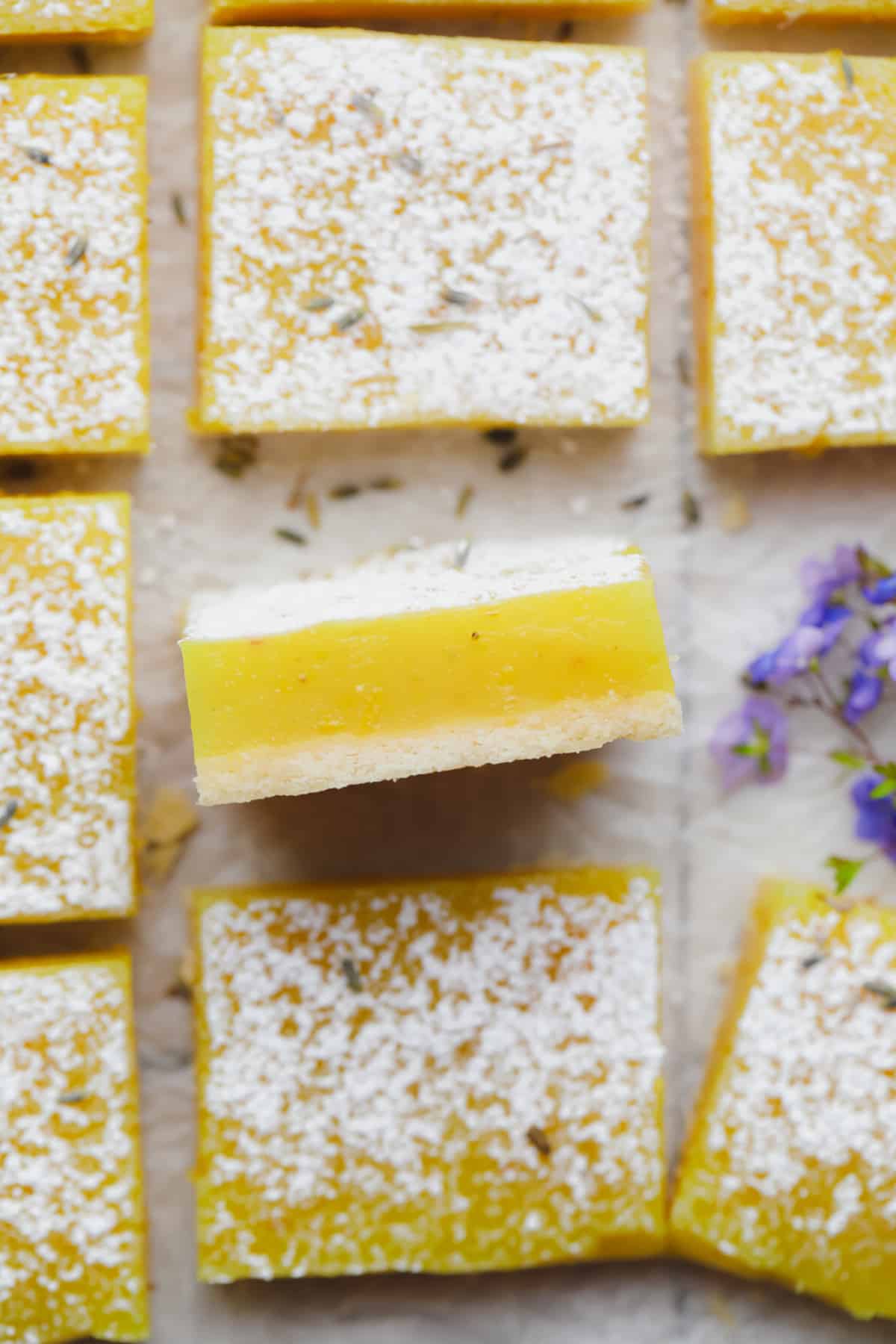 looking down on lemon bars, most flat but one turned on it's side, on white background