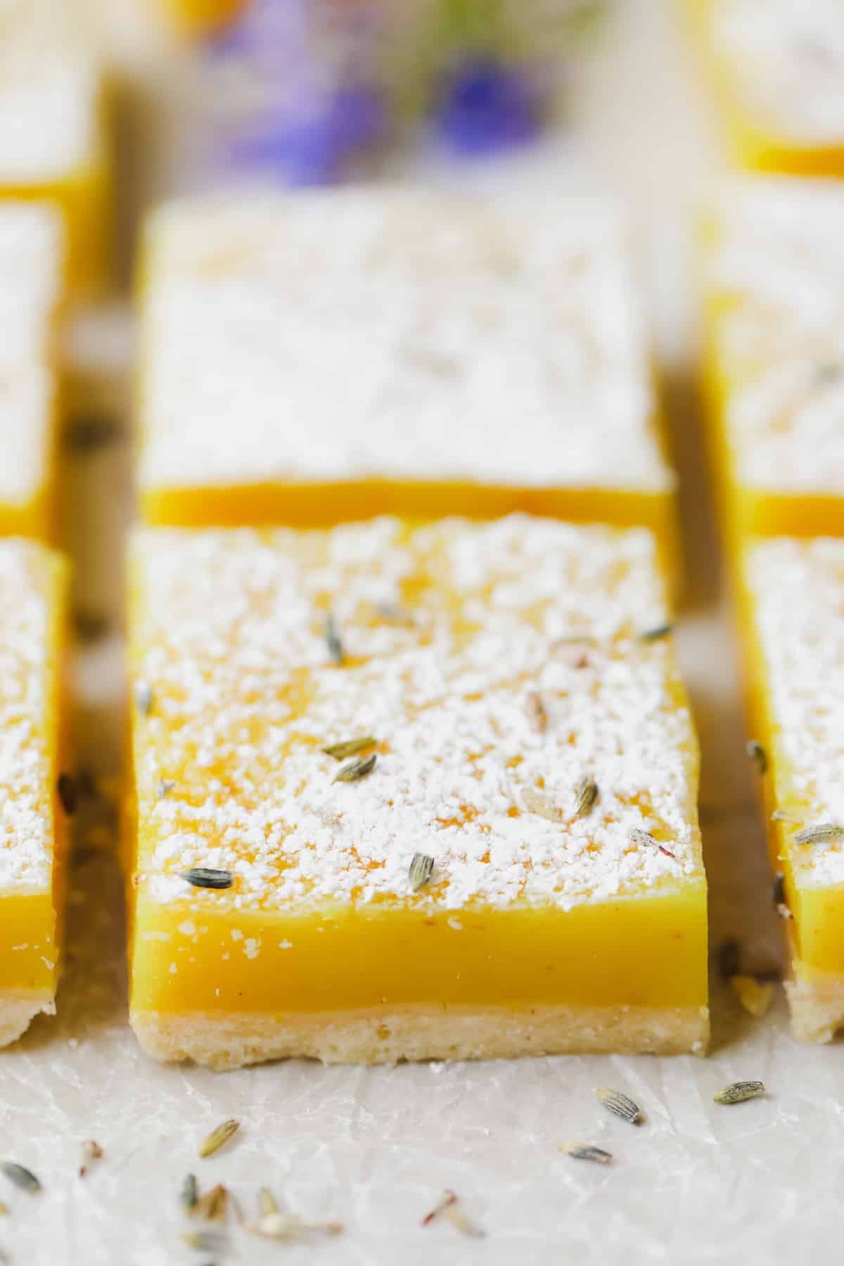 close up of a lavender lemon bar sliced into square, more in background
