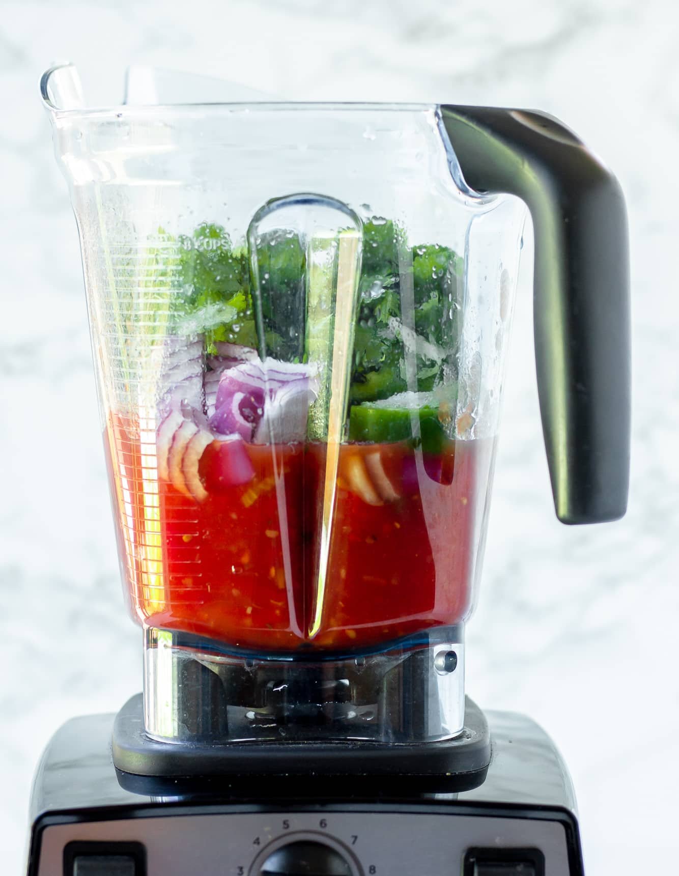 the ingredients for tomato salsa in a Vitamix blender.