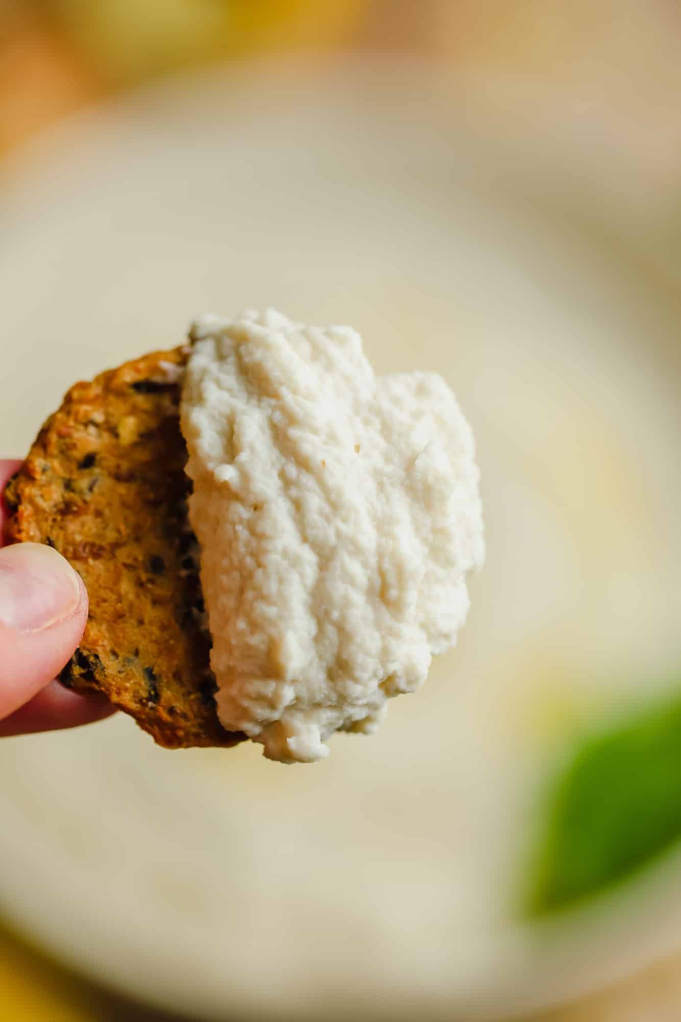 close up on a cracker holding a scoop of vegan ricotta cheese.