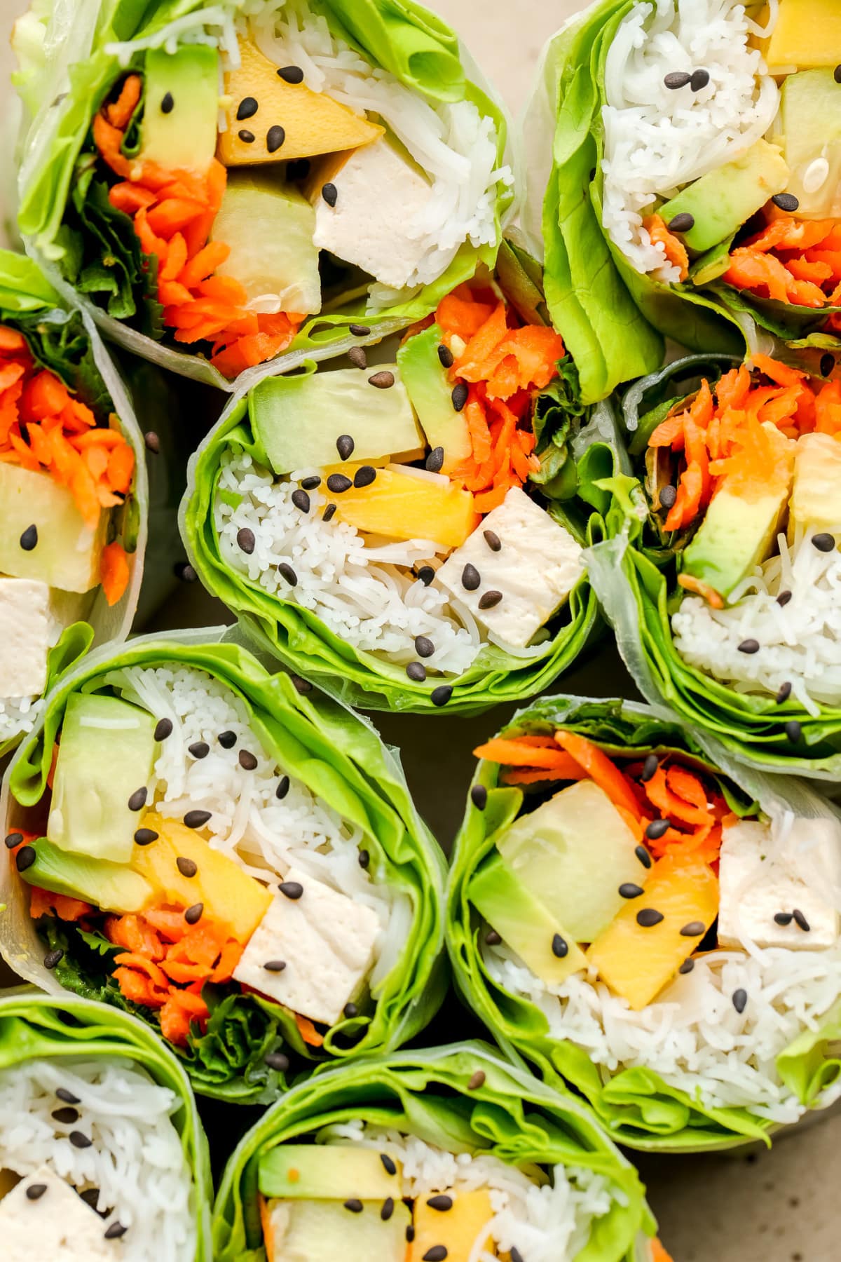 looking up close at salad rolls with veggies, mango and avocado