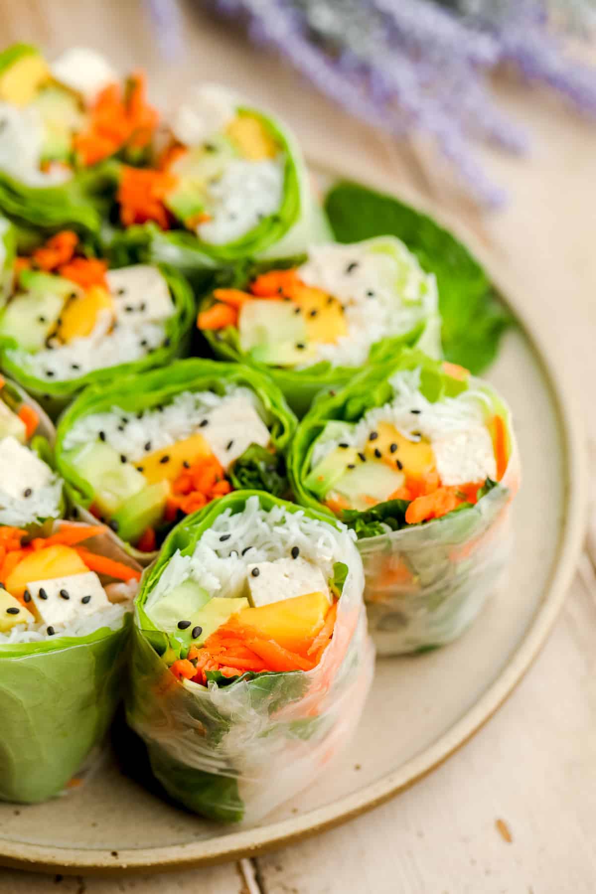 side shot of spring rolls fresh with lots of veggies