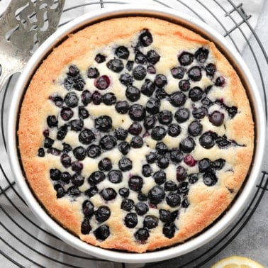 a baked vegan blueberry cake in a round metal pan.