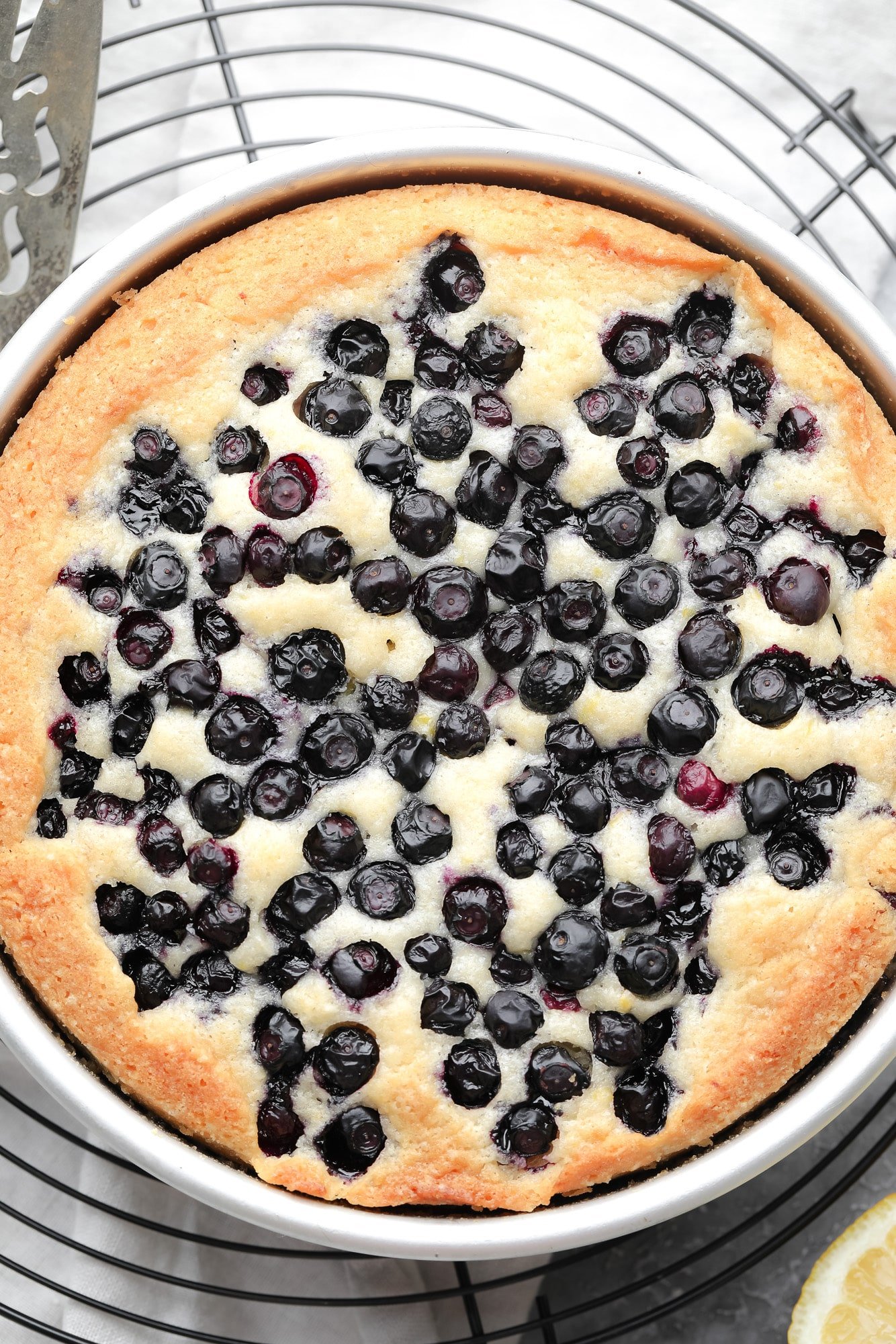 a baked vegan blueberry cake in a round metal pan.