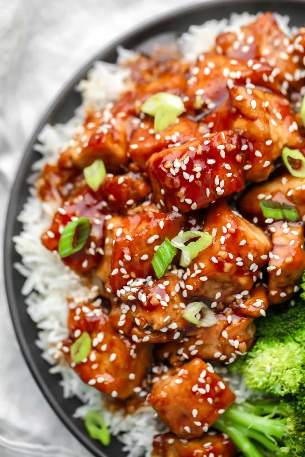 plate with white rice and brown tofu with sauce and sesame seeds