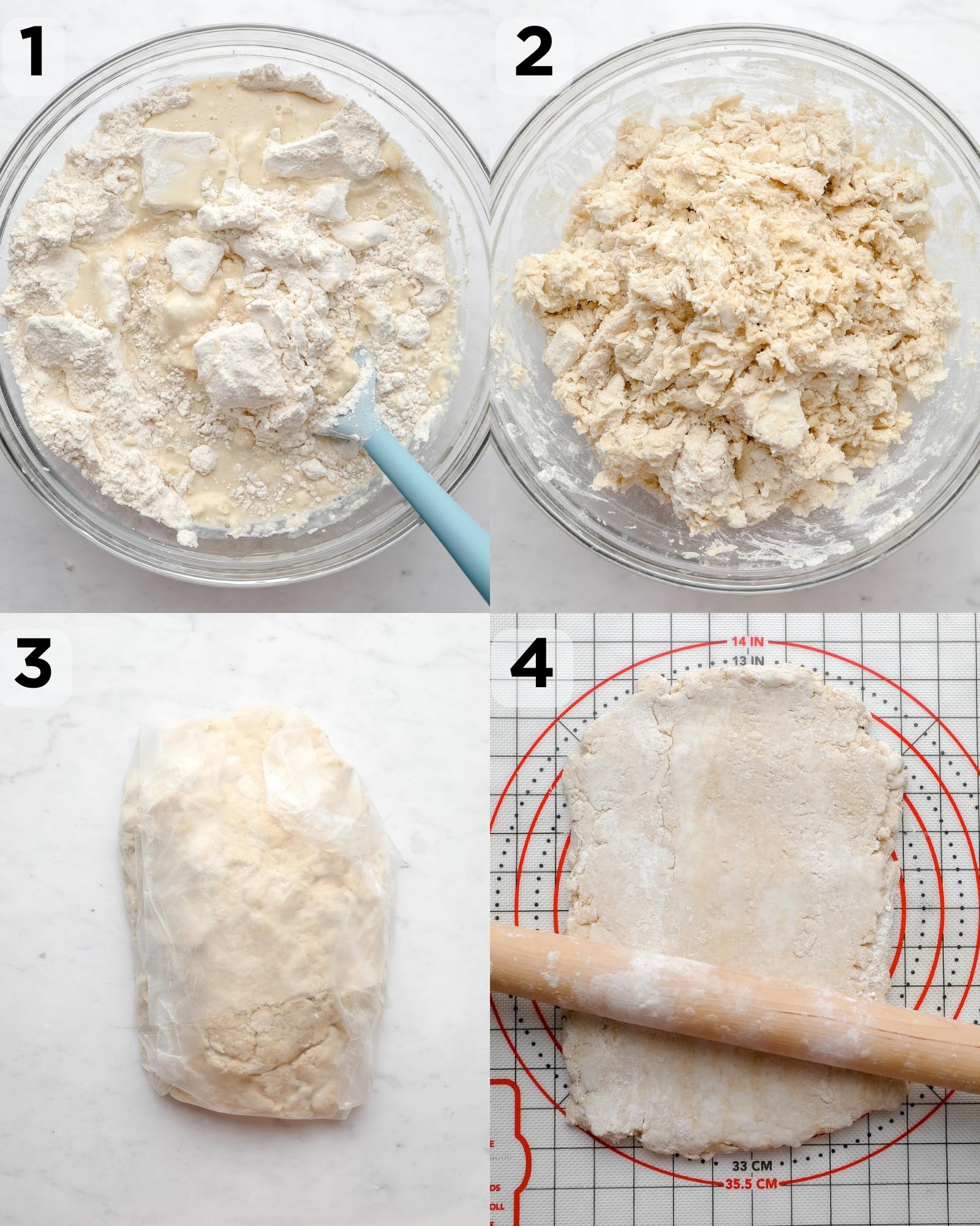 Collage, die zeigt, wie man Croissant-Teig mischt, ihn zum Abkühlen einwickelt und dann ausrollt