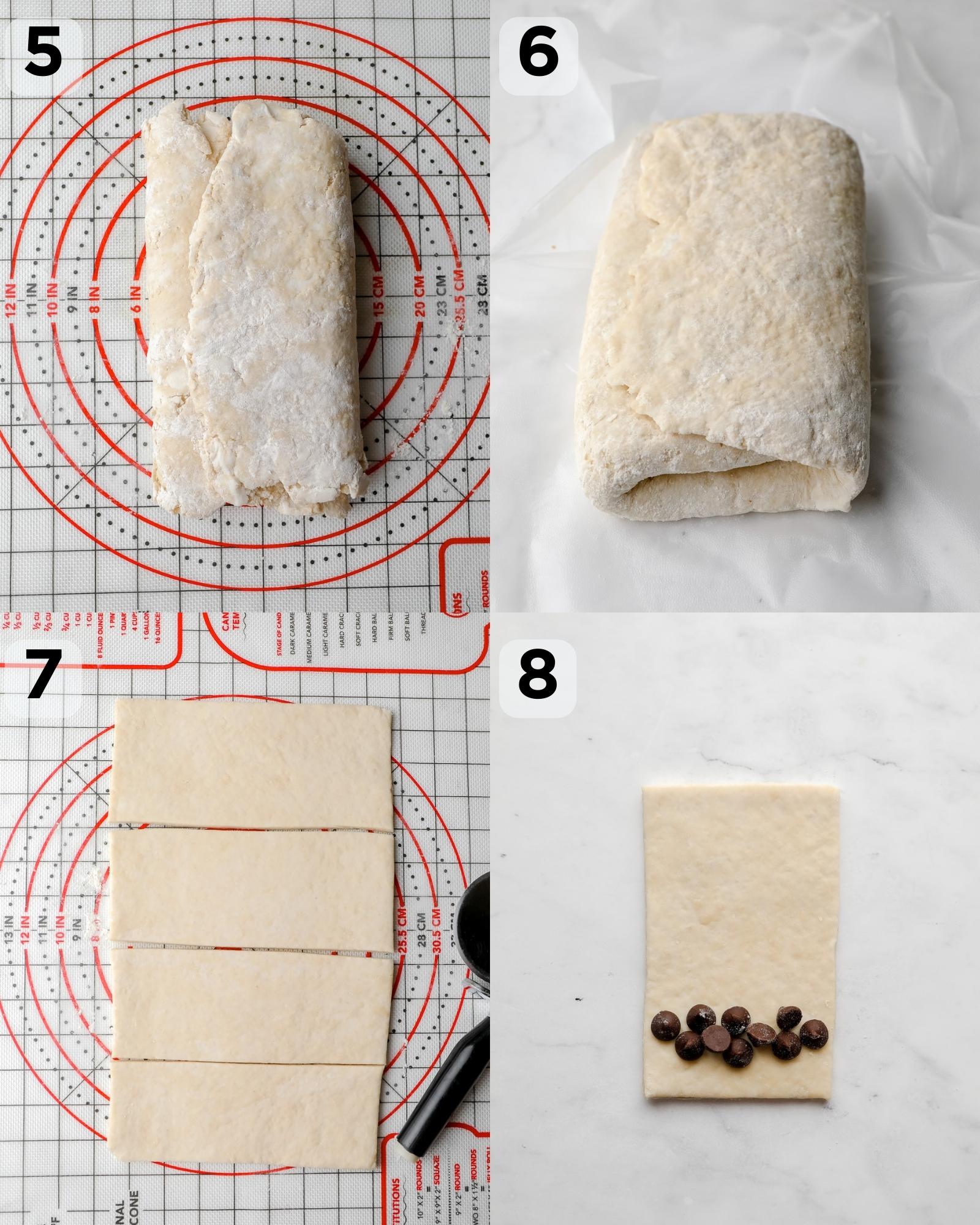 Collage, die zeigt, wie man Croissant-Teig laminiert und eine Reihe Schokoladenstückchen auf ein geschnittenes Teigstück legt, bevor man es ausrollt