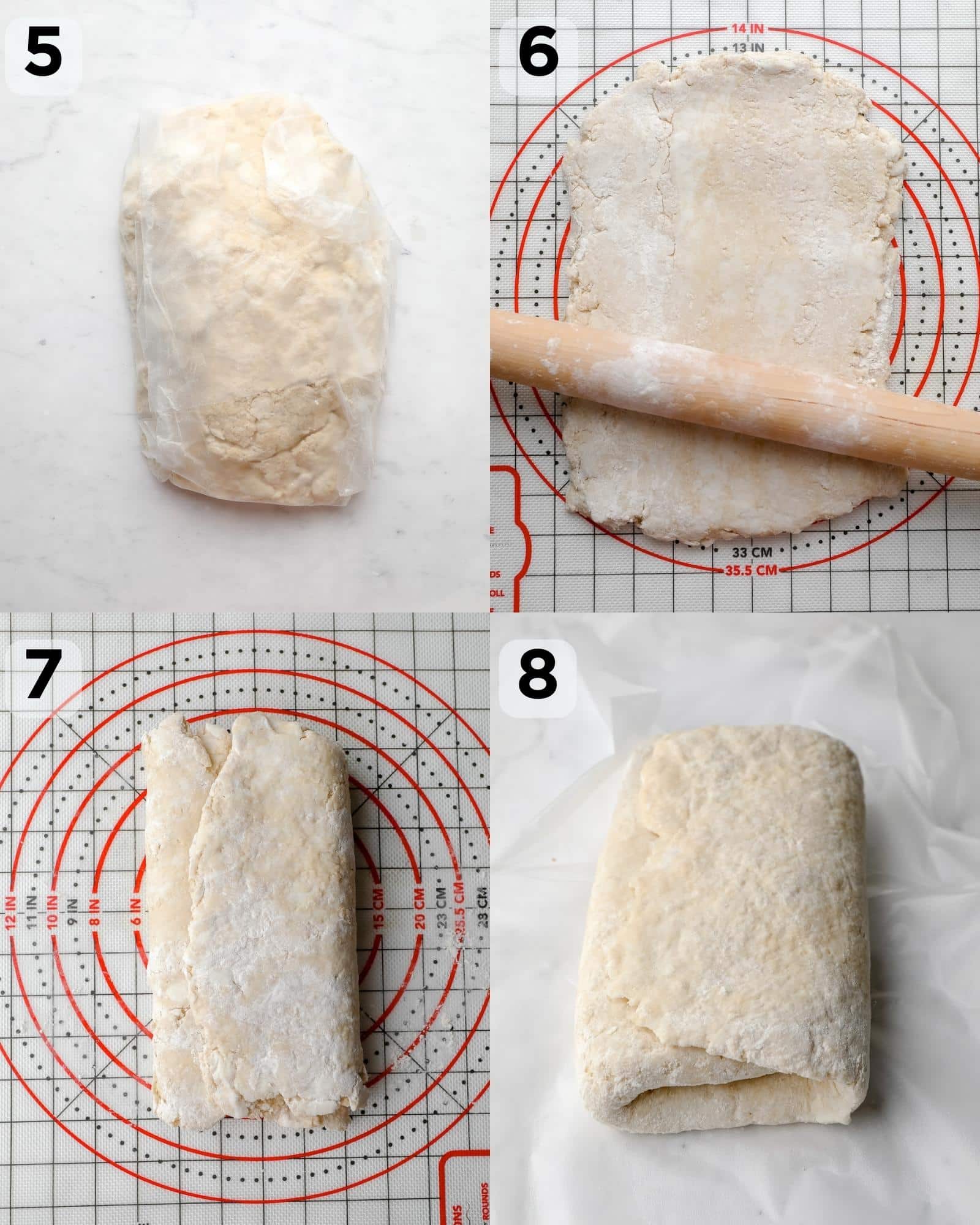 4 images showing the steps to rolling and folding vegan croissant dough.