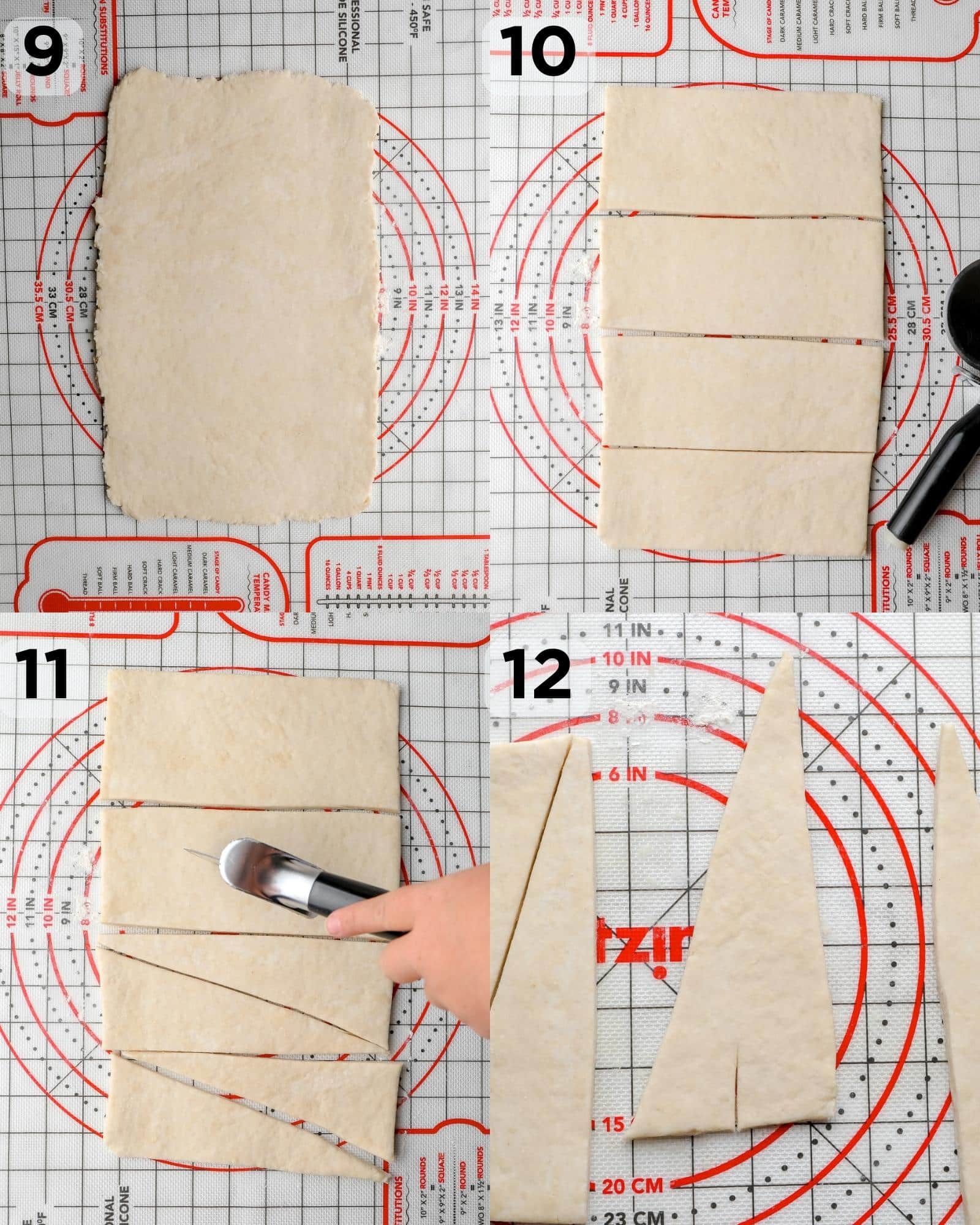 4 images showing the steps to cutting triangles out of croissant dough.