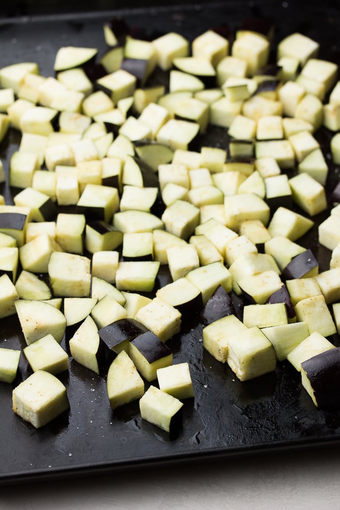 chopped eggplant on a cutting board