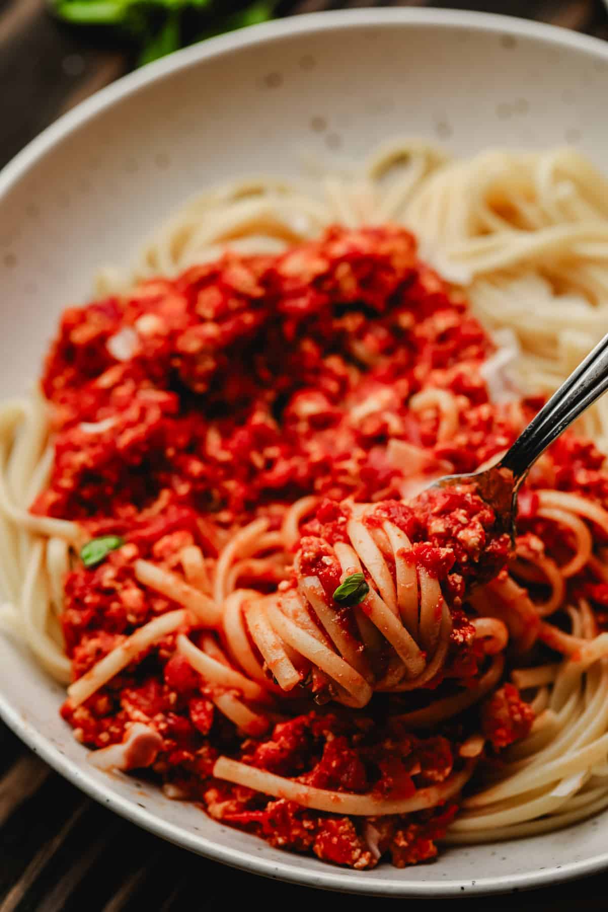 speckled bowl with noodles and red meaty sauce, a fork swirling a bite