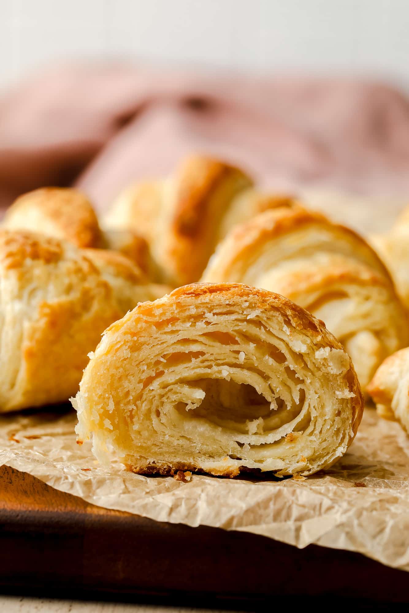 close up on a vegan croissant cut in half.