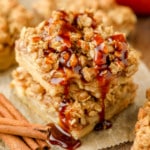 close up on a stack of salted caramel apple bars.