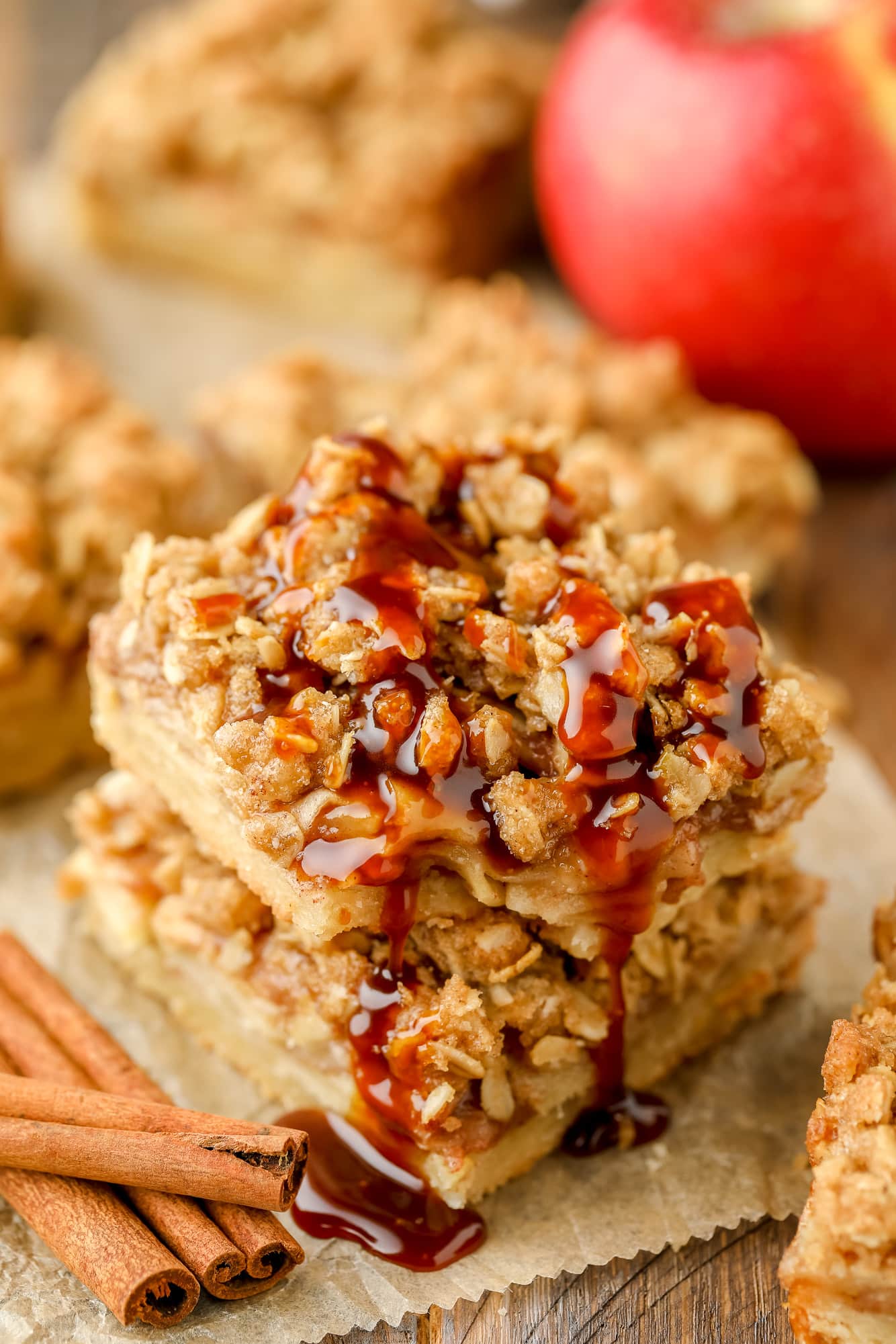close up on a stack of salted caramel apple bars.