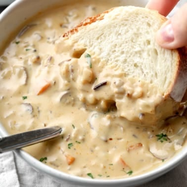 womans hand dipping a piece of bread into a bowl of vegan mushroom soup.