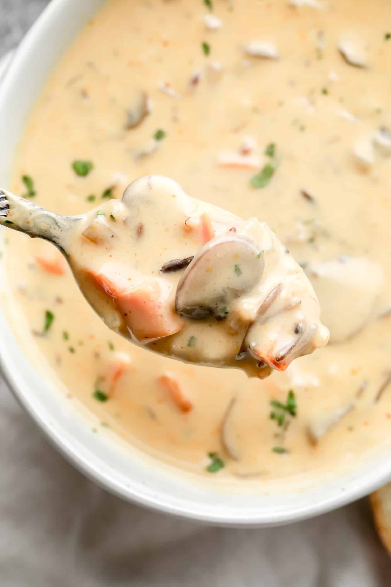 close up on a spoonful of vegan mushroom soup.