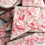 close up on a piece of vegan peppermint bark.